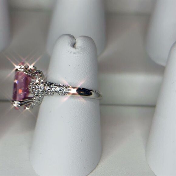 Pink Solitaire Gemstone Ring w/ Clear Accents Silver Plated Engagement size 6 - Picture 7 of 10